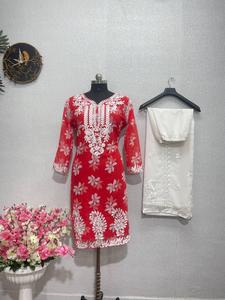 Qualité indienne d'exportation bon prix conception à feuilles persistantes lourd Georgette point de chaîne travail haut et palazzo avec Dupatta entièrement cousu - Product Image 6