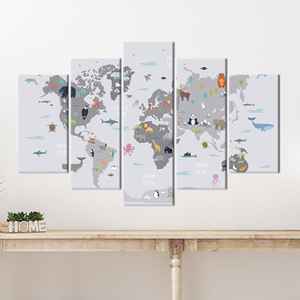 Toile imprimée : Carte du monde avec animaux, décoration murale pour enfants, lot de 5 : Gallery Wrap - Product Image 1