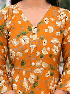 Robe mi-mollet décontractée pour femme, en coton 100 %, à imprimé floral orange, col en V, manches trois quarts, coupe trapèze - Product Image 5