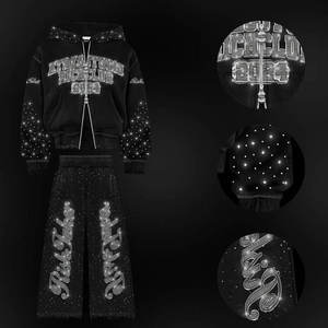 Full Sleeve <b>Zip</b> <b>Up</b> Rhinestone Tracksuit Set Stretchy And Soft Cotton Made Rhinestone Tracksuit Outfit Suit - Product Image 4