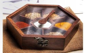 Boîte à épices hexagonale en bois d'acacia artisanale avec cuillère, accessoires de cuisine de haute qualité, 20x5x20cm, compatible lave-vaisselle - Product Image 4