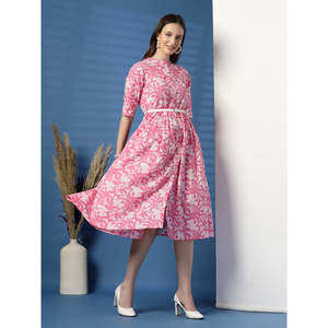 เดรสผ้าฝ้ายสีชมพูทรงพอดีตัวและทรงบานสำหรับผู้หญิง สวมใส่สบาย ลายพิมพ์สีสันสดใส - Product Image 3