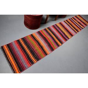 พรมขนสัตว์วินเทจแบบดั้งเดิมลายทางสีดำและสีส้ม (2x9.9ฟุต) ที่มีรูปแบบการเย็บปะติดปะต่อกันและด้านหลังของยาง - Product Image 2