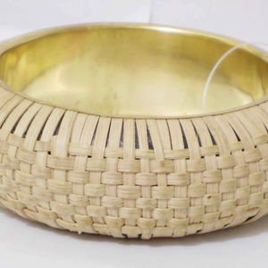Luxury <b>Gold</b> Plated Copper <b>Bangle</b> For Women Unique Natural Woven Rattan Fiber Wrap Design Wide Dome <b>Solid</b> Metal Metal Crafts - Product Image 1