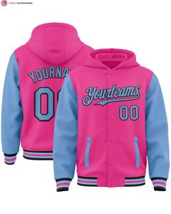 Veste à capuche bicolore de haute qualité noir rose-blanc Full-Snap Varsity Letterman 100% coton broderie placement avant - Product Image 3