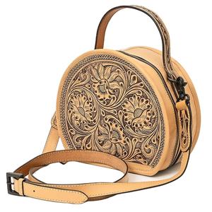 Sac à main décontracté pour femme, nouveau style tendance, bohème, western, en cuir, avec motif de fleurs sculptées à la main et pompon - Product Image 1