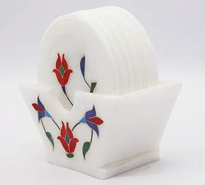 White Marble Inlay <b>Coaster</b> <b>Set</b> <b>with</b> Floral Design Artistic Round <b>Coasters</b> <b>with</b> <b>Holder</b> Elegant Drinkware for Home Decor - Product Image 1