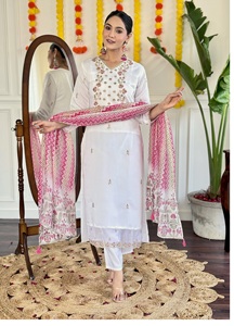 Ropa étnica pakistaní india, traje de diseñador de traje recto blanco de estilo pakistaní bordado con trabajo de hilo dorado para mujer - Product Image 3