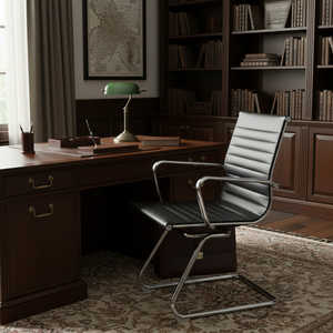 เก้าอี้สำหรับห้องโถง/ห้องประชุมหนัง PU พนักพิงกลางแบบโครเมียม 8 ชิ้น พร้อมที่วางแขนแบบคงที่ - Product Image 1