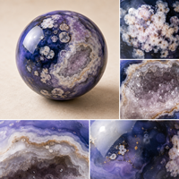 Sphère de cristal d'agate bleue naturelle, pierre décorative avec texture de fleur élégante pour la décoration de la maison et les cadeaux