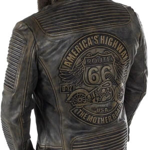 Veste en cuir véritable, veste en cuir de motard, veste en cuir de mouton noir vieilli vintage Route 66, vente en gros personnalisée - Product Image 4