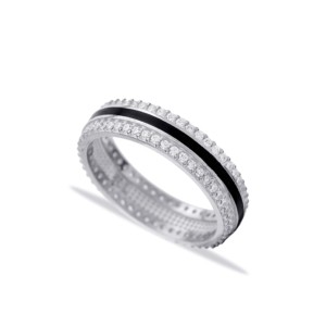 Anillo de Boda con Circonitas y Baño de Rodio sobre Esmalte Negro, Joyería Turca Hecha a Mano, Plata de Ley 925, Venta al Por Mayor - Product Image 5