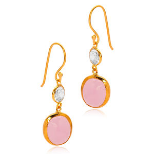 Boucles d'oreilles en forme ovale de quartz fumé rose, serties de pierres, avec fermoir en or 22 carats, fabrication artisanale turque, bijoux en argent sterling 925 - Product Image 3