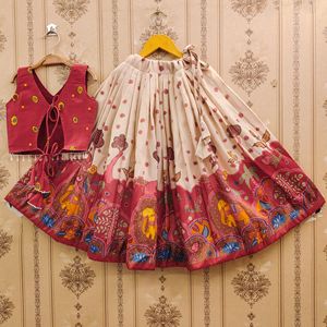 Shoryam Fashion Girls Kids Ethnic <b>Lehenga</b> Choli Set | <b>White</b> Maroon Kalamkari Printed Polyester Wrinkle Free Quick Dry - Product Image 4