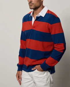 T-shirt à col polo en coton rayé surdimensionné à manches longues pour homme, fabriqué par OEM, avec logo personnalisé - Product Image 1