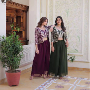 Diseñador tradicional Georgette Koti Set bordado Fox Choli Palazzo secuencia trabajo para ocasiones de fiesta indio paquistaní - Product Image 1