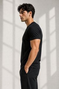 Camiseta de Algodón Negra para Hombre, Cuello Redondo, Manga Corta, Estilo Casual, Transpirable, Ecológica, de Secado Rápido, con Patrón Geométrico - Product Image 2