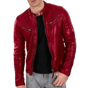 <b>Hot</b> Selling Men's <b>Red</b> Genuine Lambskin Leather Sportswear Custom Design Windproof Motorbike Jacket Plus Size Options - Product Image 1