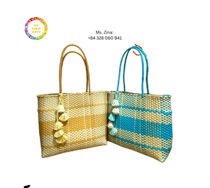 Bolso de mimbre de plástico hecho a mano, cesta de la compra de retazos coloridos para mujer, bolso de mercado reutilizable con correa tejida de PP fuerte - Product Image 4