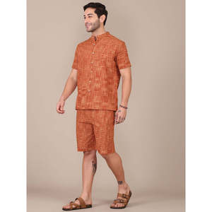 Ensemble coordonné Amanush pour homme, en coton tressé texturé, style Khadi, chemise à manches longues à col mandarin avec short, tenue décontractée d'été - Product Image 4