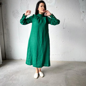 Loose <b>Linen</b> Dress Puff Sleeve <b>Linen</b> Turtleneck Dress Long <b>Linen</b> Summer Maxi Dress - Product Image 1