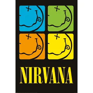 Póster de Nirvana con Diseño de Cuadrados Sonrientes, Técnicas de Impresión Offset y Digital para Gráficos - Product Image 1