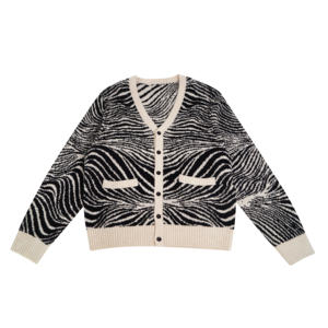<span class=keywords><strong>Cardigan</strong></span> con scollo a V in maglia a strisce zebrate da donna con bottone all'uncinetto con polsini a costine e rifiniture per l'inverno - Product Image 1