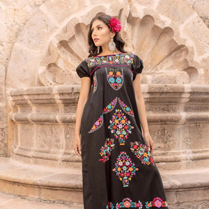 100% algodón Maxi vestido de gran tamaño negro al por mayor de verano personalizado bohemio de talla grande de algodón mexicano bordado a mano de manga corta - Product Image 1