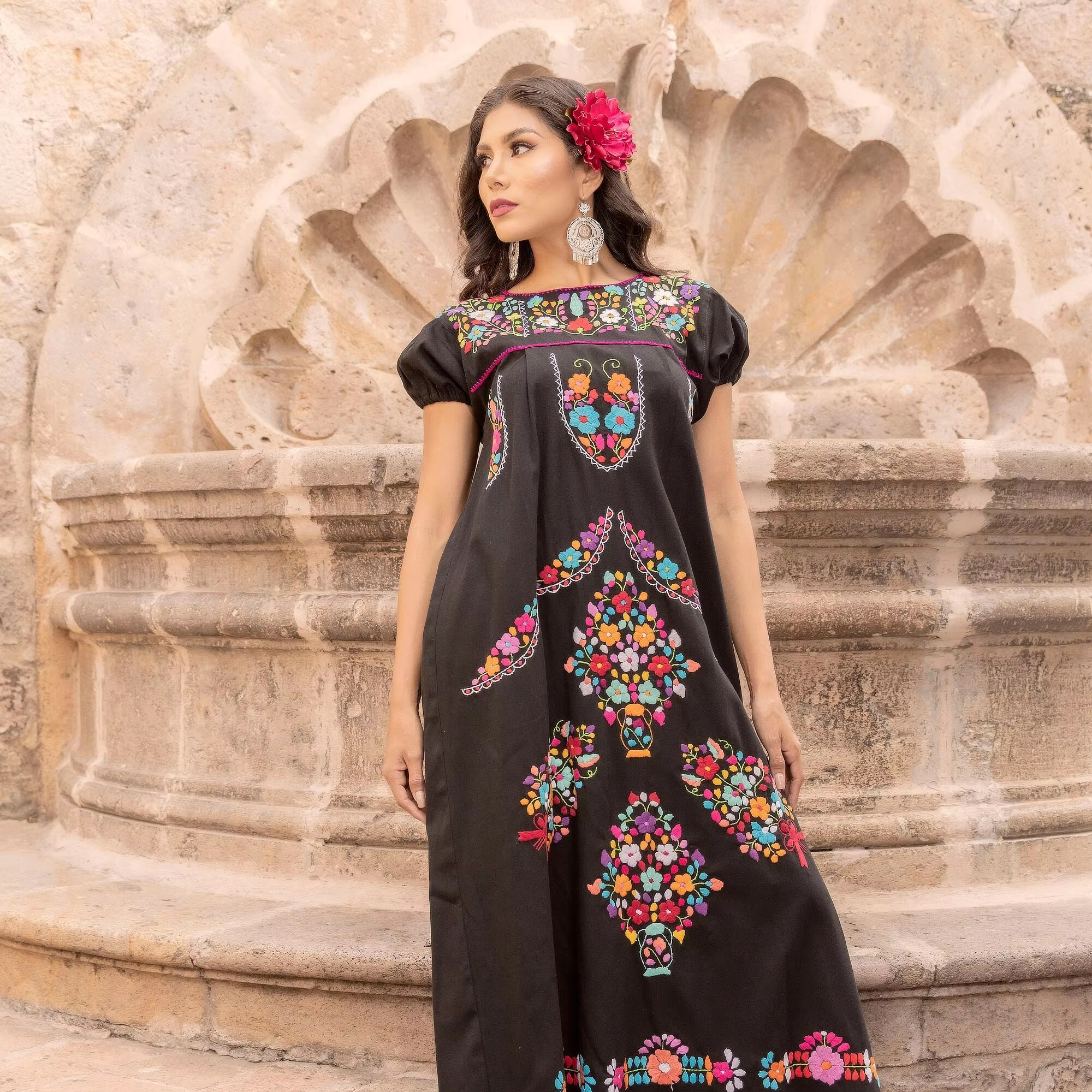 green emerald velvet dress Camelia Floral Embroidered Mexican Dress- Vestido Mexicano Bordado Floral