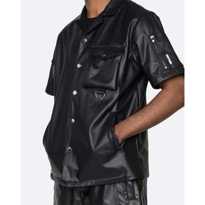 High Quality Custom Applique Embroidery Loose Fit Short Sleeve Button up <b>T</b> <b>Shirt</b> <b>Vegan</b> Leather Short Sleeves <b>T</b> <b>Shirt</b> for Men's - Product Image 5