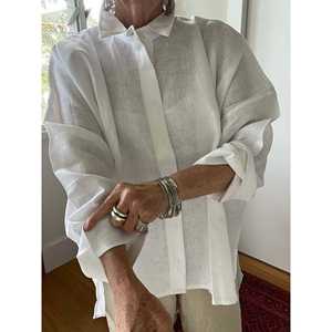 Camisa Blanca de Lino y Popelina de Algodón, Estilo Casual con Decoración de Botones, Talla Única para Primavera/Verano y Otoño - Product Image 6