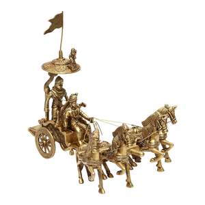 Laiton Krishna Arjuna Rath avec 4 chevaux Showpiece Home and Temple Decor India, Chariot Showpiece Krishna comme Sarthi on Arjuna Rath - Product Image 2