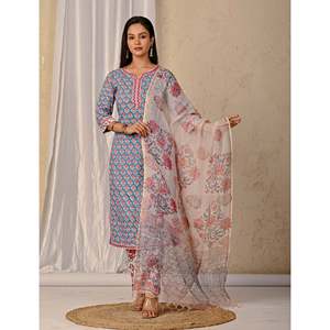 Blue Ethnic Indian Anarkali Kurta Pant Set Butta <b>Block</b> <b>Printed</b> Cotton with Embroidery Work Silk Net Material for Party Wear - Product Image 4