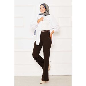Women's Brown Spanish Flare <b>Trousers</b> High <b>Elasticated</b> <b>Waist</b> Breathable Crepe Fabric Casual Plain Dyed High-<b>Waist</b> Colored-Wash" - Product Image 1