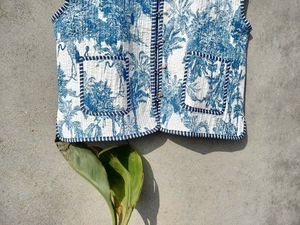 Hecho a mano estilo bohemio mujer azul blanco Vintage chaqueta acolchada abrigo tejido Casual rayas manga Las tuberías para invierno - Product Image 3