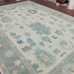 9x12 Pies Alfombra de Lana Azul Pastel, Tejida a Mano, con Nudos, Diseño Abstracto Boho, Alfombra Persa Oushak, Juego de 1 Alfombra Floral - Product Image 1