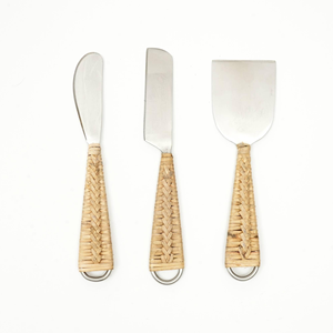 Ensemble de fromage de couverts en acier inoxydable de nouveau style avec poignée en rotin ustensile de cuisine de couleur crème - Product Image 1