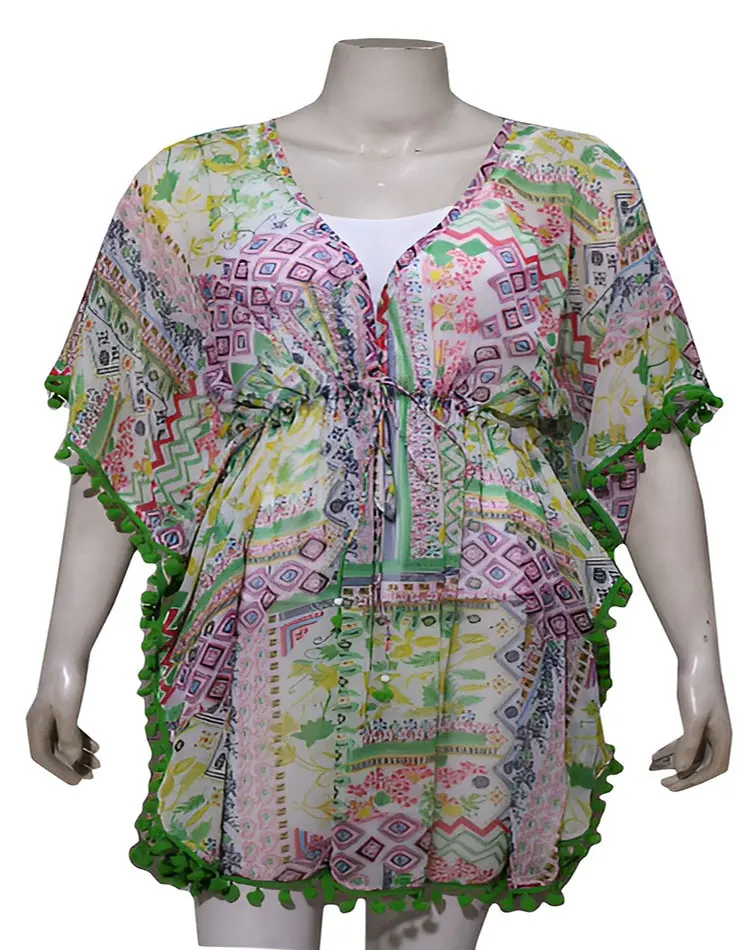 2023 mujeres casual verano floral frente abierto encogimiento de hombros kimono fleje traje de baño estampado multicolor con borlas de pompón ropa de playa