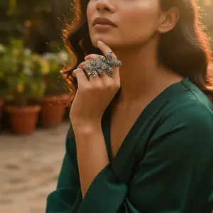 Adjustable Silver Flower <b>Ring</b> <b>for</b> <b>Women</b> Trendy <b>Statement</b> Jewelry with Black Gemstones Gold Plated Inlay Free Size - Product Image 3