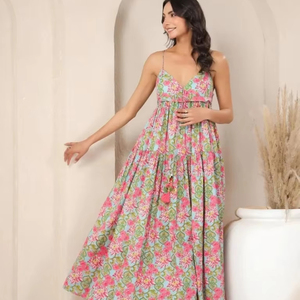 Vestido de algodón natural ecológico con bloque de mano indio, vestidos informales con estampado Floral elegante, ropa de verano, regalo nupcial de viaje, bohemio - Product Image 1