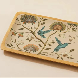 Vibrant Colibri Floral Plateau De Service Design Élégant Motif Botanique Complexe Cadre En Bois Rustique Pièce D'accent Décoratif - Product Image 1