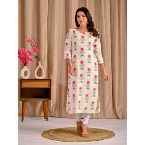 Kurti Recto de Algodón y Yute Estampado Butta Block Blanco y Rosa, Estilo Casual con Cintura Natural y Característica Transpirable - Product Image 3