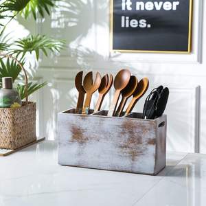 Soporte para utensilios de cocina blanco, organizador grande de utensilios, almacenamiento de herramientas de cocina para mostrador de cocina, madera de acacia, 3 compartimentos - Product Image 2