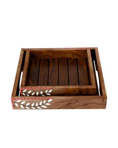 Plateau de service en bois naturel imprimé à la main ensemble de 2 pièces - Product Image 1