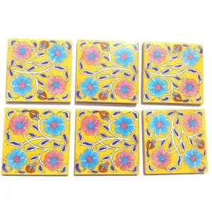 Carreaux décoratifs bleus en porcelaine émaillée faits à la main 4x4 pouces multicolores pour salon extérieur Lot de 6 carreaux de poterie en céramique - Product Image 1