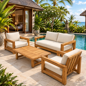 <b>Outdoor</b> Teak Tropical Villa Garden <b>Sofa</b> Set <b>Cushioned</b> Patio Couch Armchairs Coffee Table Poolside Seating - Product Image 1