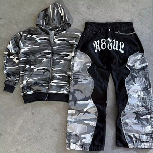 Custom Camo Patchwork Tracksuit Set | Heavyweight 100% Cotton Hoodie & Sweatpants | Applique Embroidery Zipper Sweatsuit for Men - Product Image 1