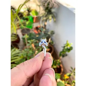 925 Silver Fine Jewelry <b>Cat</b> Ring with Blue Sapphire Trendy Gemstone Ring Resizable Plated Brass Great <b>Gift</b> Idea - Product Image 1