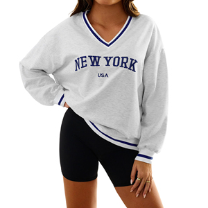 Felpa con Scollo a V Personalizzata con Logo Ricamato, Stampa <span class=keywords><strong>New</strong></span> <span class=keywords><strong>York</strong></span> USA, Manica Lunga, Vestibilità Ampia, Streetwear Invernale per Donna - Product Image 1