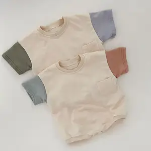 Nouveau-né bébé bloc de couleur bulle barboteuses T-shirt Logo personnalisé enfant en bas âge à manches courtes 100% coton tricot body avec poche